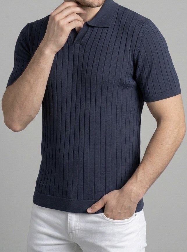 Erkek Slim Fit Ekru Triko Polo Yaka T-Shirt - Lacivert