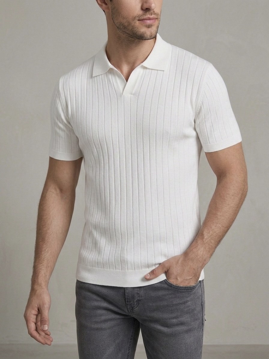 Erkek Slim Fit Ekru Triko Polo Yaka T-Shirt - Beyaz