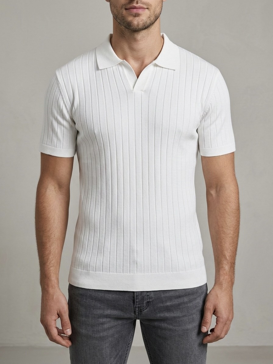 Erkek Slim Fit Ekru Triko Polo Yaka T-Shirt - Beyaz