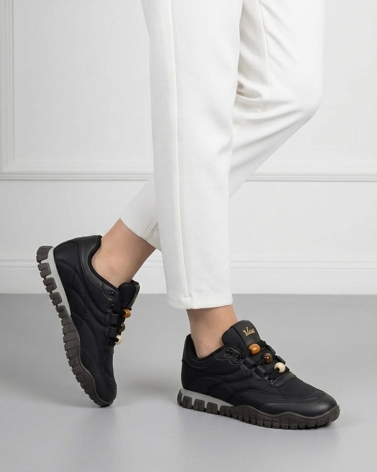 Kadın Bağcıklı Casual Sneaker Ayakkabı - Siyah