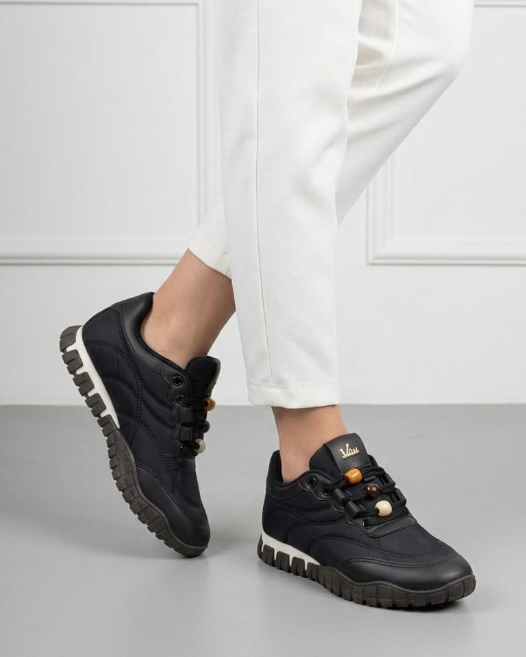 Kadın Bağcıklı Casual Sneaker Ayakkabı - Siyah