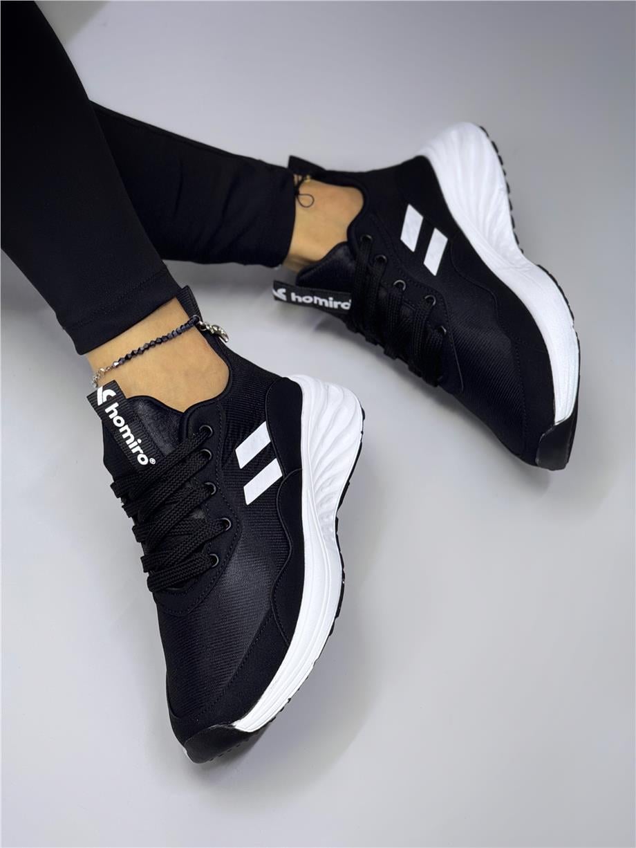 Kadın Bağcıklı Spor Sneaker-Siyah-Beyaz