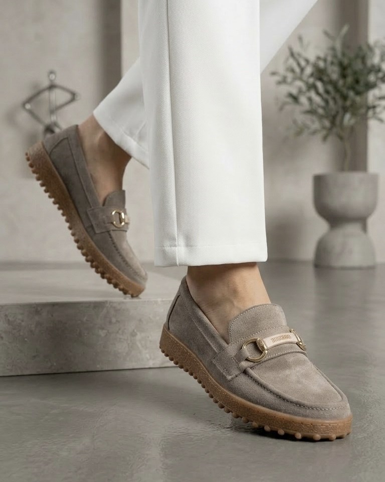 Kadın Süet Loafer Tokalı Günlük Ayakkabı - Vizon