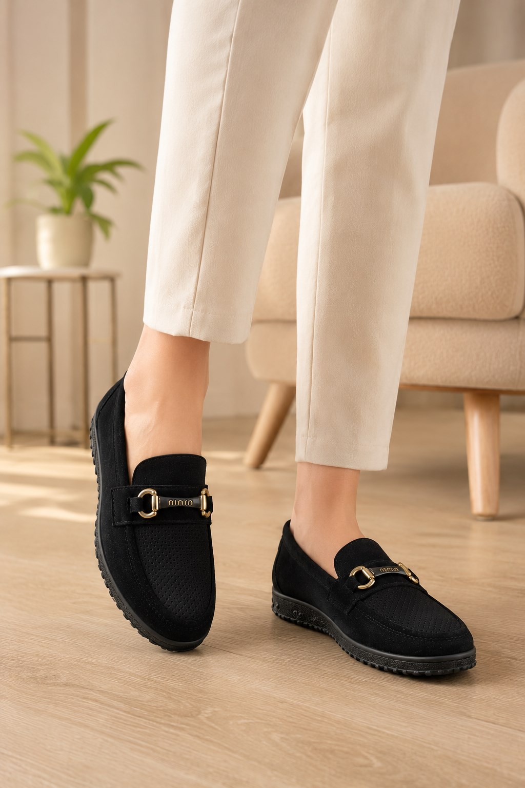 Kadın Tokalı Günlük Loafer Süet Ayakkabı- Siyah