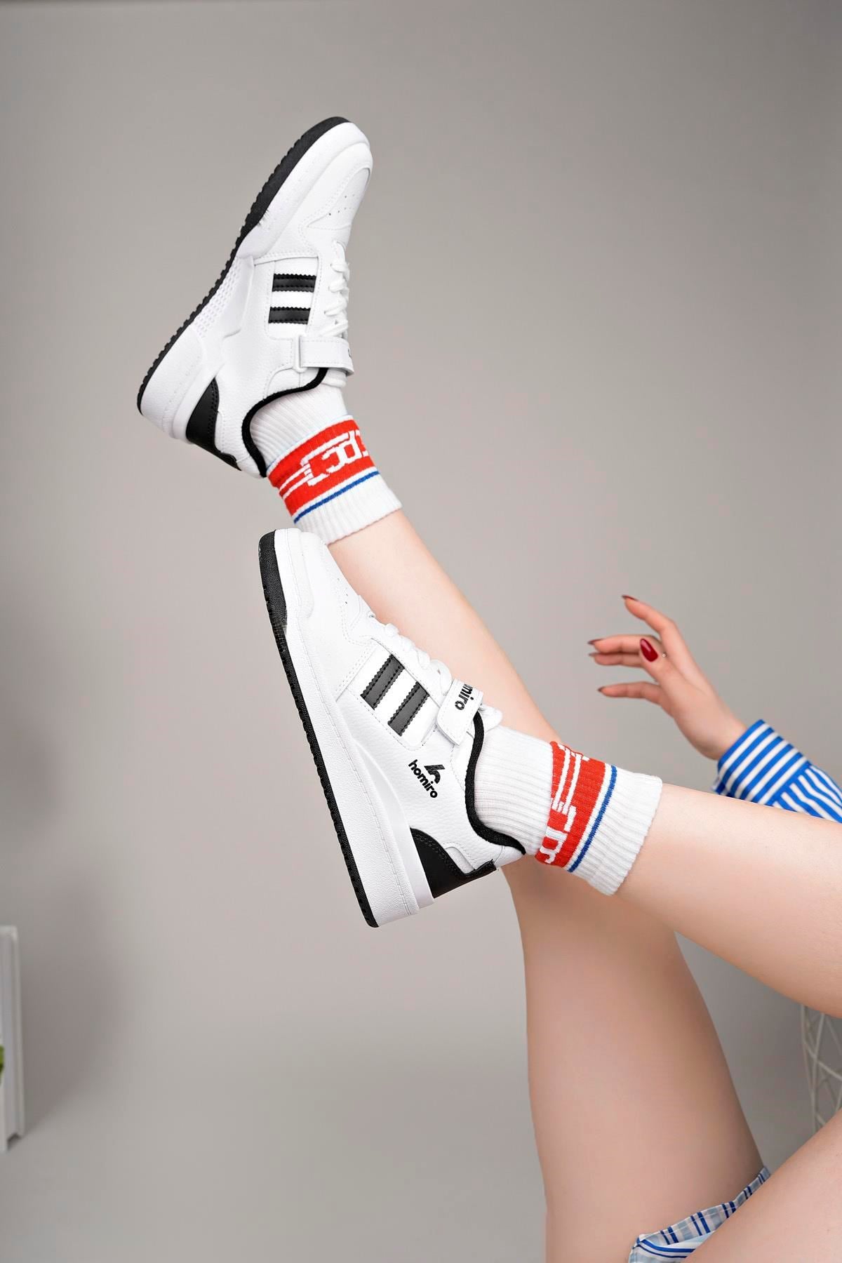 Unisex Bağcıklı Cırtlı Spor Sneaker Ayakkabı-Beyaz-Siyah