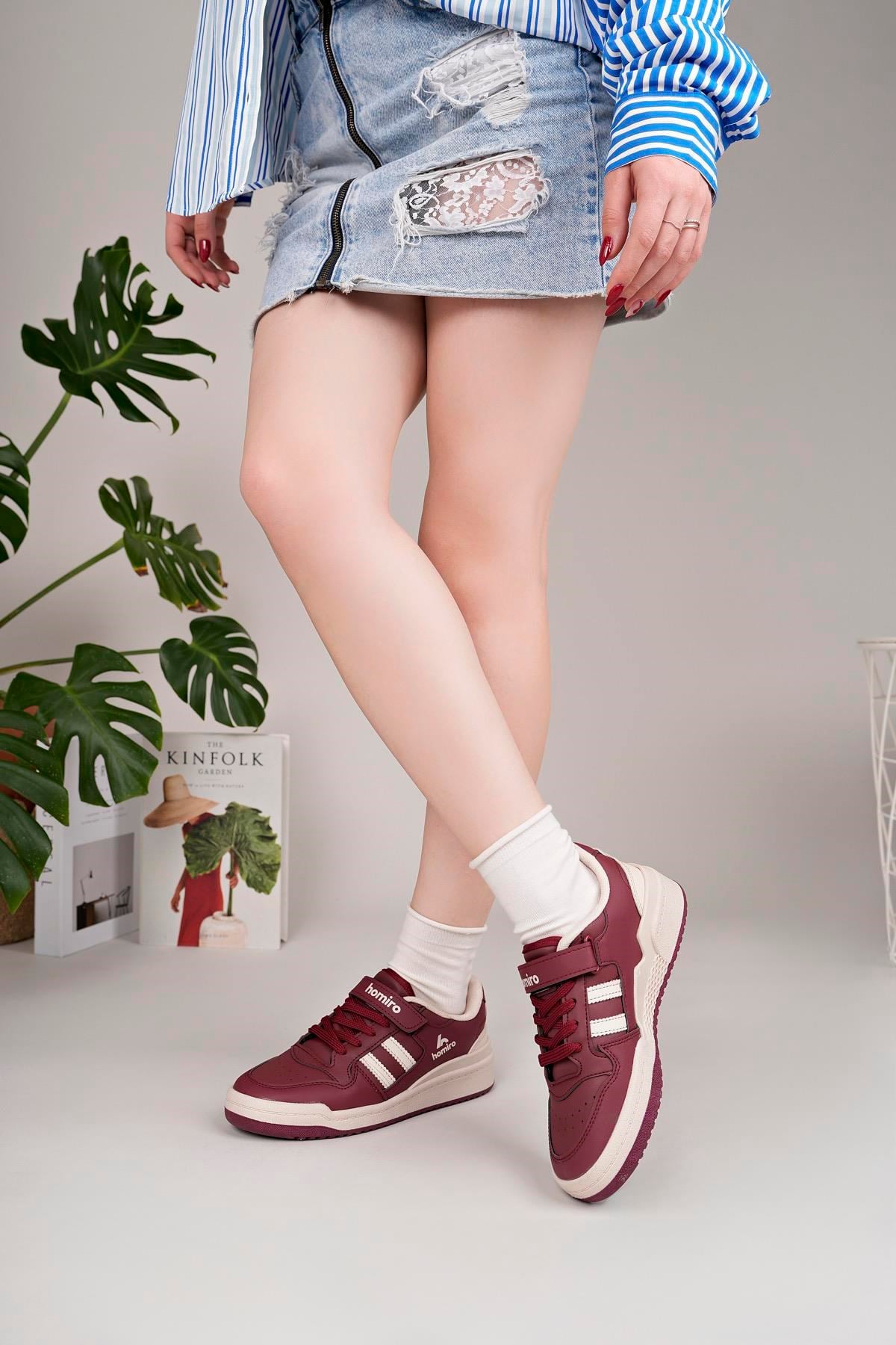 Unisex Bağcıklı Cırtlı Spor Sneaker Ayakkabı-Bordo-Beyaz