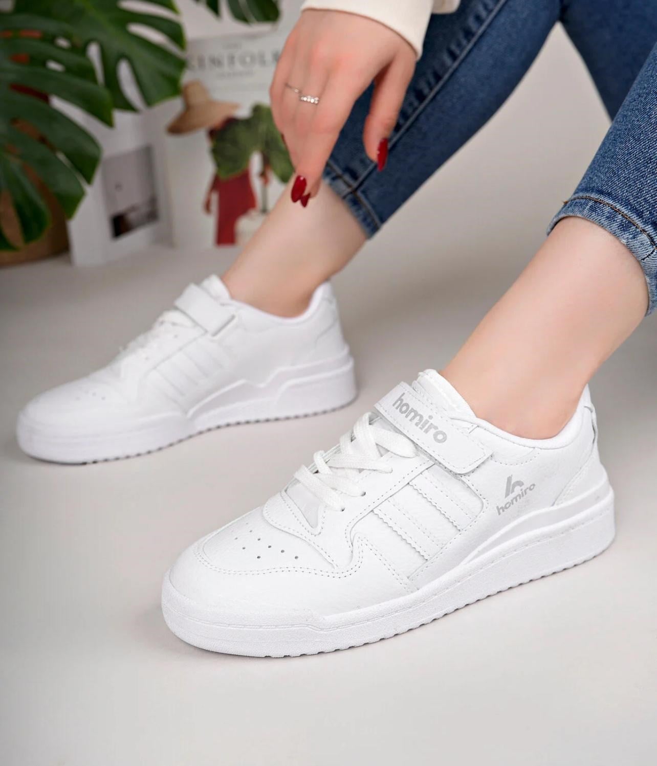 Unisex Bağcıklı Cırtlı Spor Sneaker Ayakkabı-Beyaz