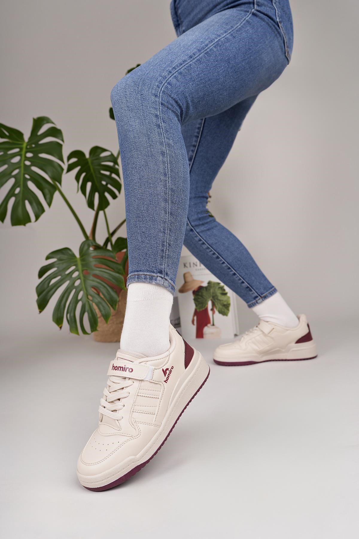 Unisex Bağcıklı Cırtlı Spor Sneaker Ayakkabı-Krem-Bordo