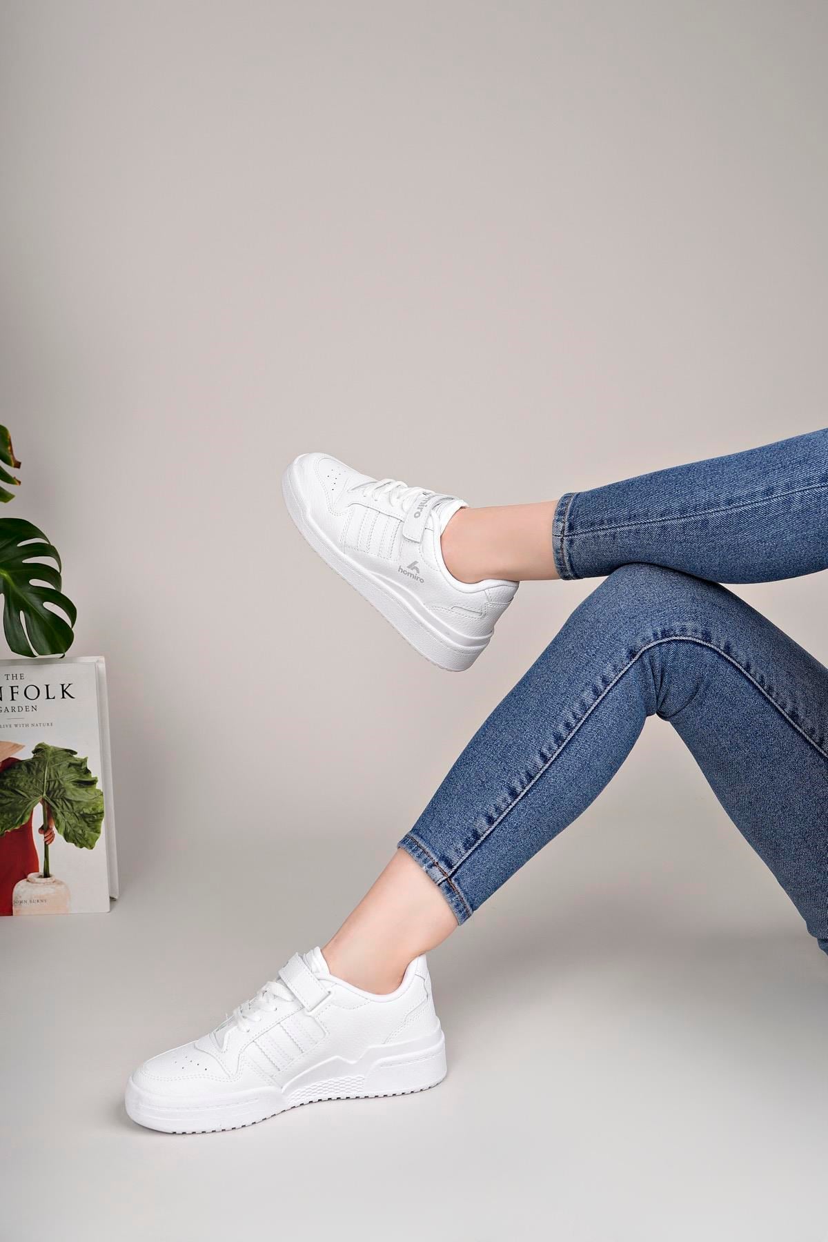 Unisex Bağcıklı Cırtlı Spor Sneaker Ayakkabı-Beyaz