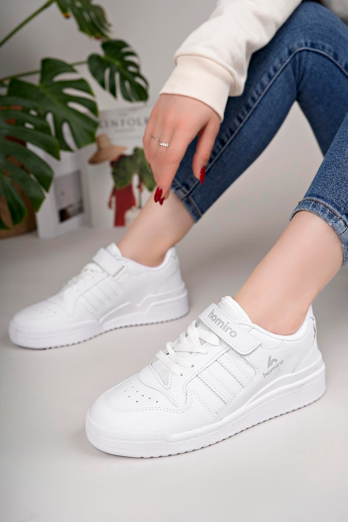 Unisex Bağcıklı Cırtlı Spor Sneaker Ayakkabı-Beyaz