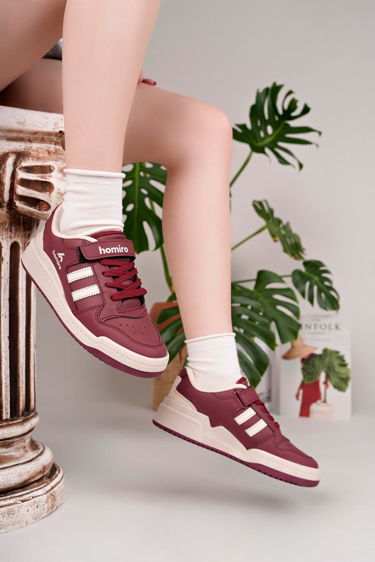 Unisex Bağcıklı Cırtlı Spor Sneaker Ayakkabı-Bordo-Beyaz