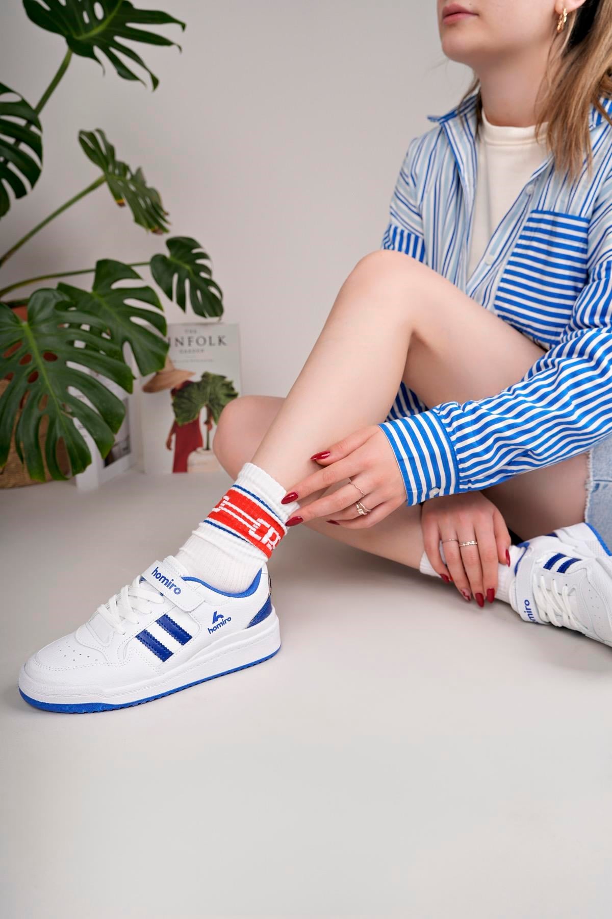 Unisex Bağcıklı Cırtlı Spor Sneaker Ayakkabı-Beyaz-Sax