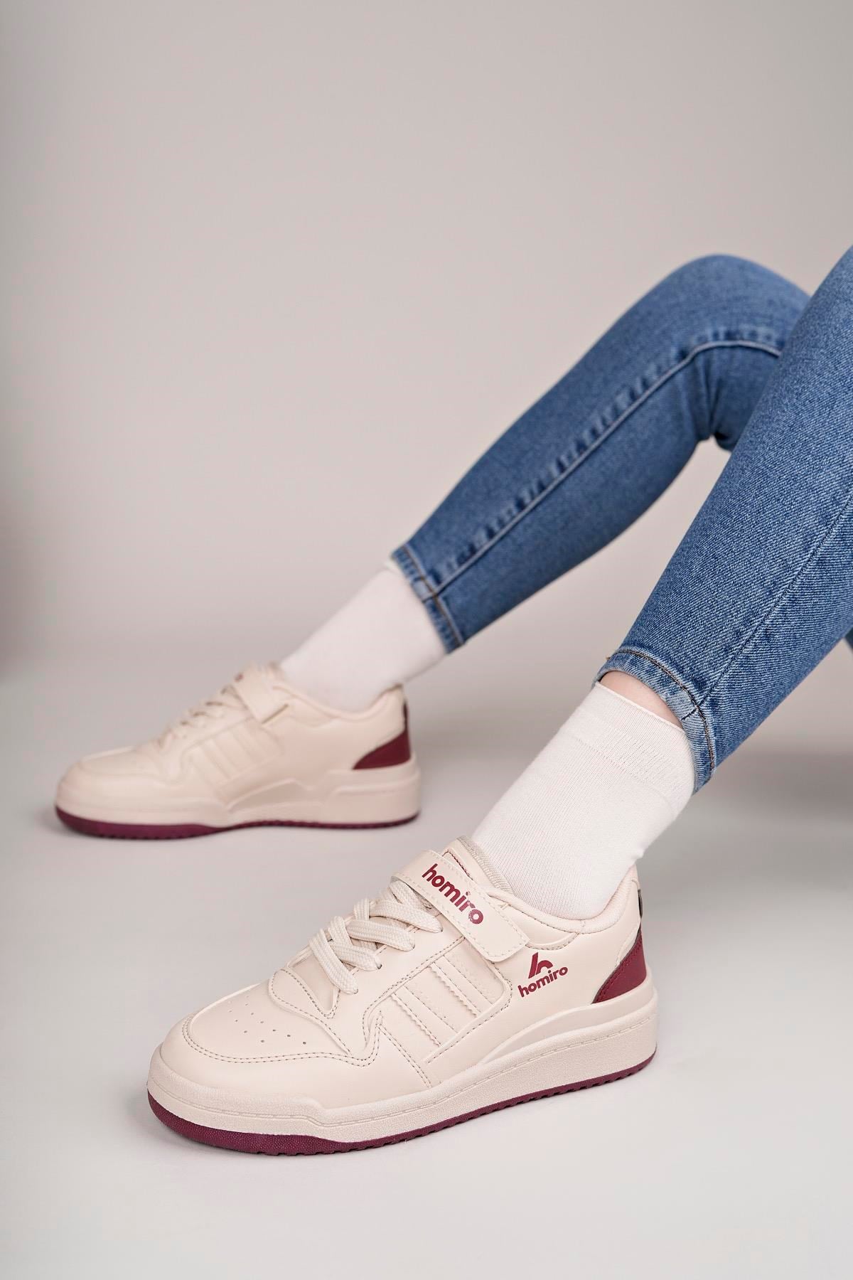 Unisex Bağcıklı Cırtlı Spor Sneaker Ayakkabı-Krem-Bordo
