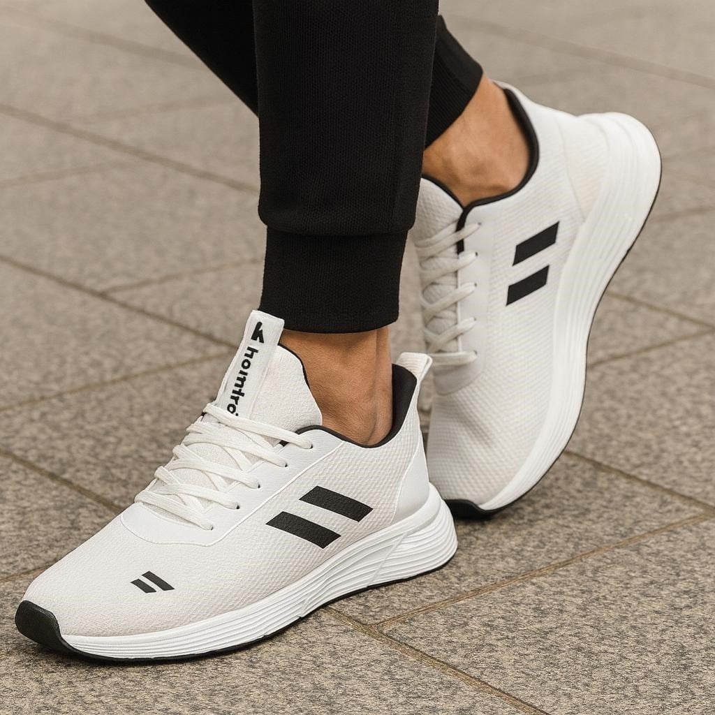 Unisex Bağcıklı Triko Poli Taban Spor Ayakkabı-Beyaz-Siyah