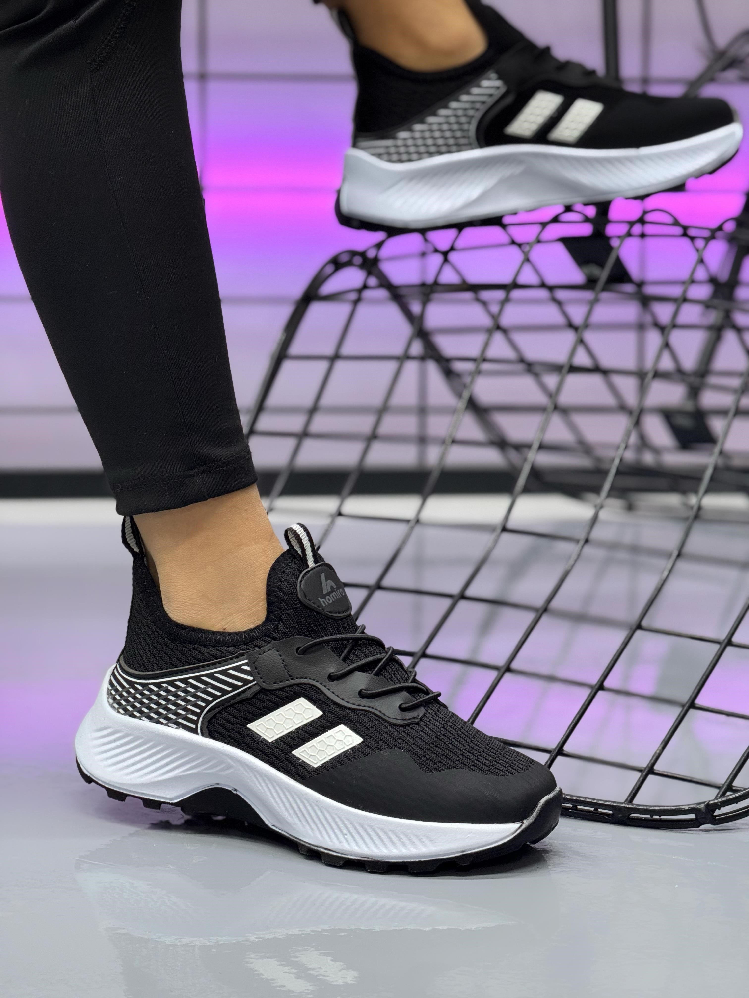 Unisex Çocuk Bağcıklı Poli Taban Triko Spor Ayakkabı-Siyah-Beyaz