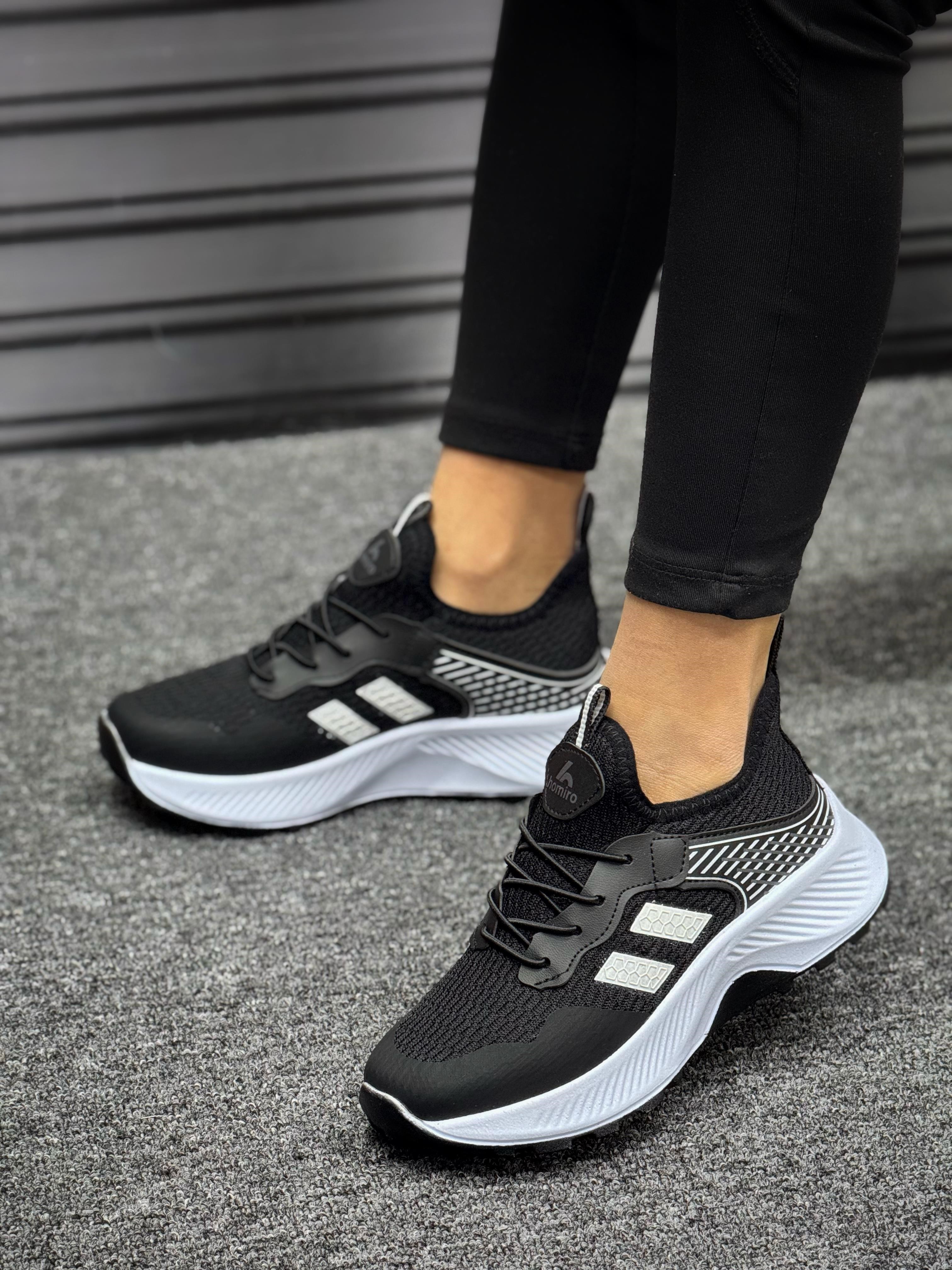 Unisex Çocuk Bağcıklı Poli Taban Triko Spor Ayakkabı-Siyah-Beyaz