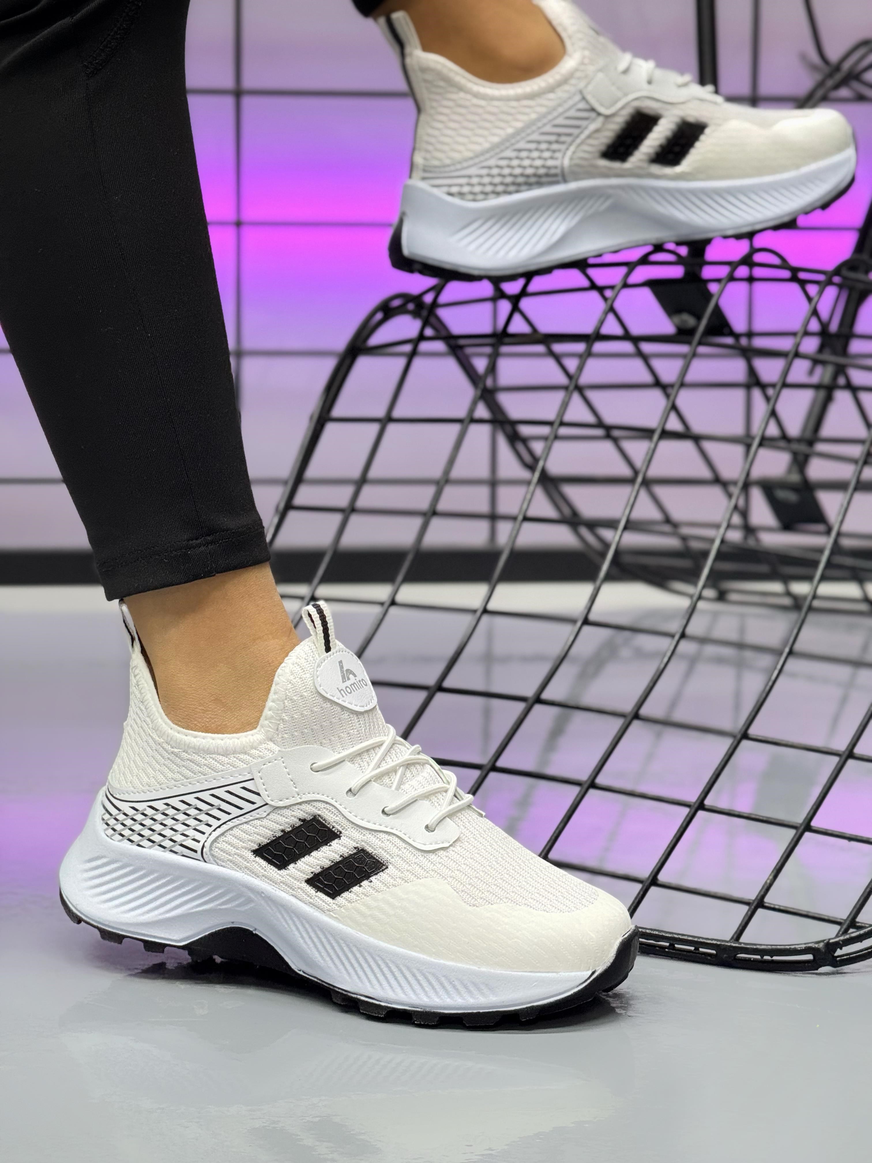 Unisex Çocuk Bağcıklı Poli Taban Triko Spor Ayakkabı-Beyaz-Siyah