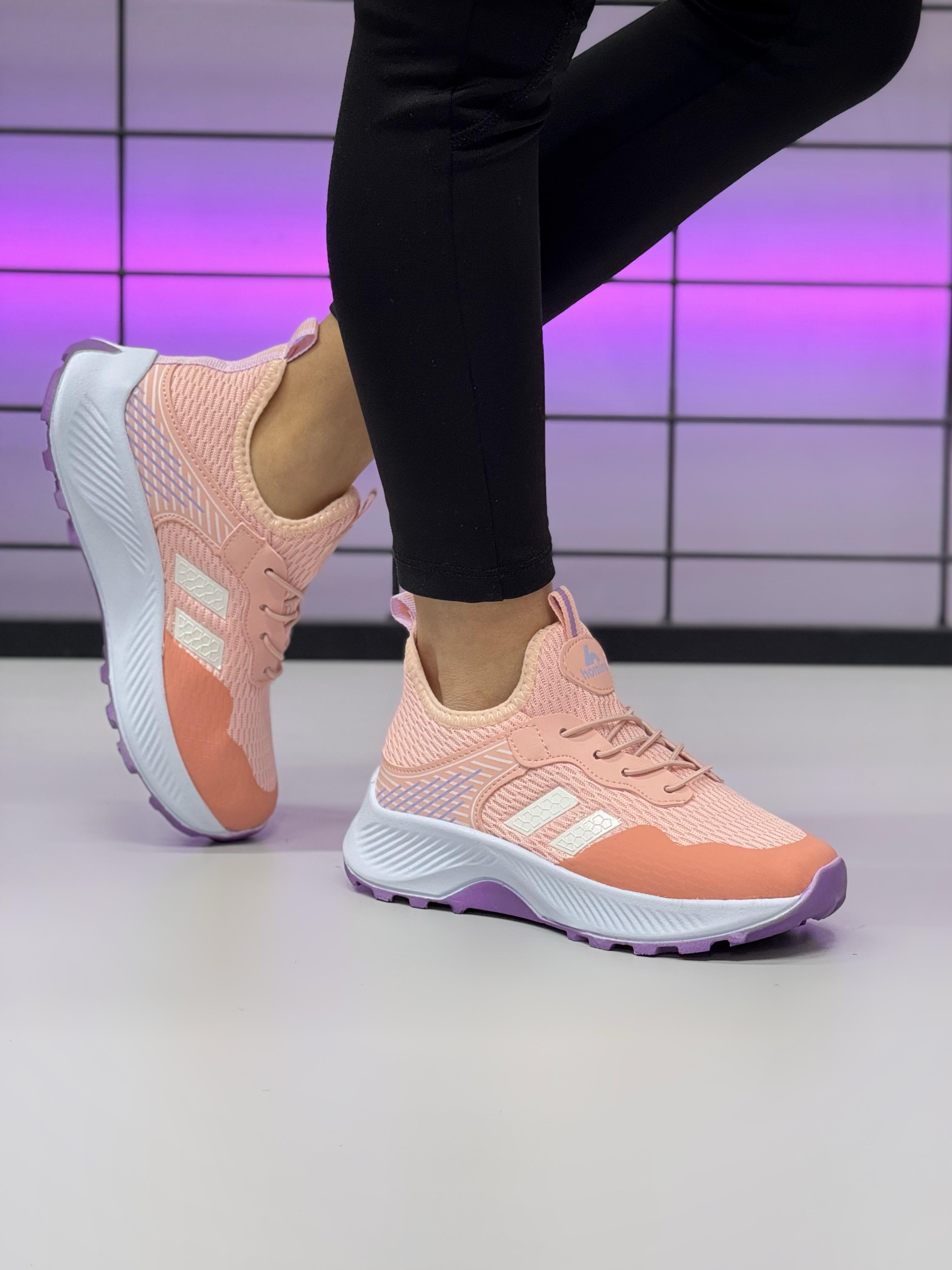 Unisex Çocuk Bağcıklı Poli Taban Triko Spor Ayakkabı-Pudra-Lila