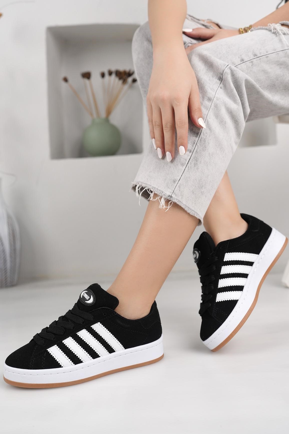 Unisex Klasik Bağcıklı Ortopedik Spor Sneaker Ayakkabı-Siyah-Beyaz