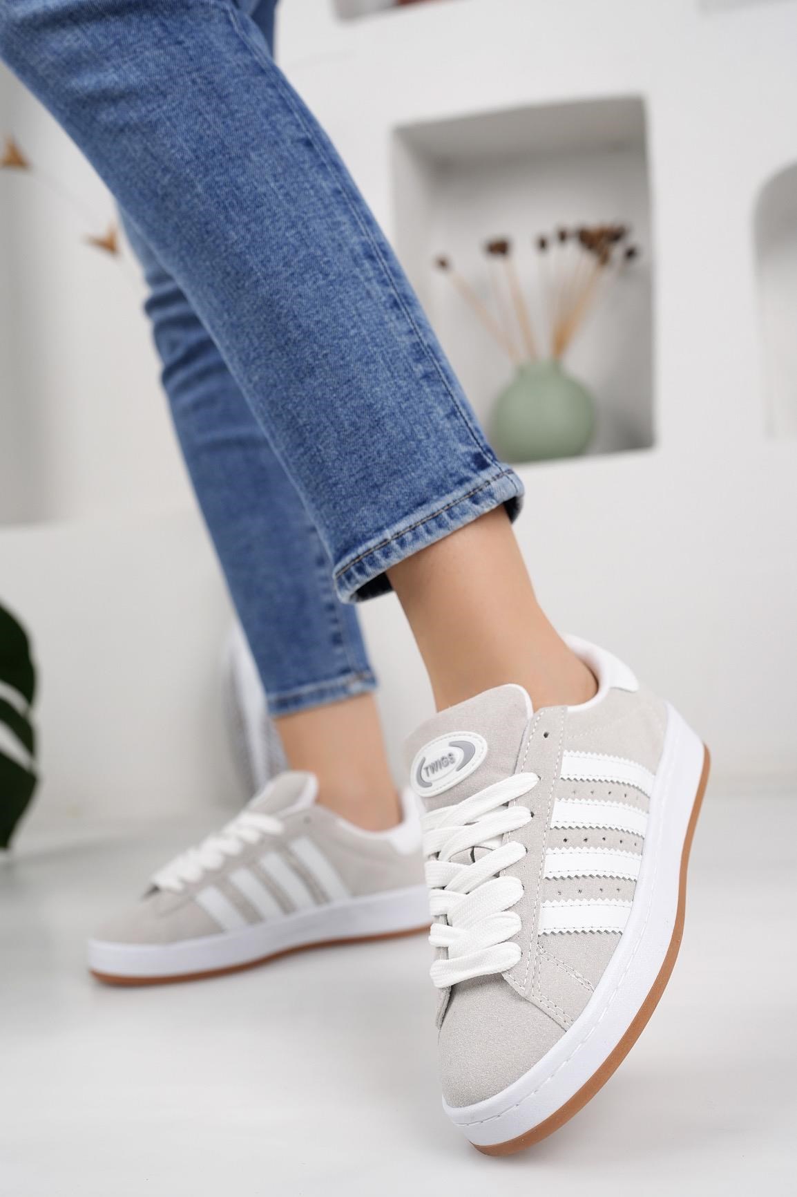 Unisex Klasik Bağcıklı Ortopedik Spor Sneaker Ayakkabı-Füme-Beyaz