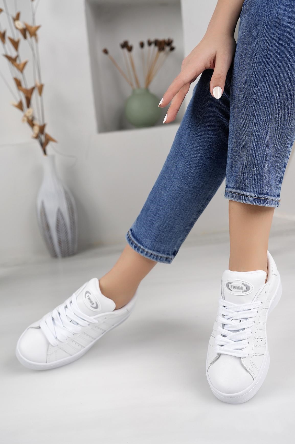 Unisex Klasik Bağcıklı Ortopedik Spor Sneaker Ayakkabı-Beyaz