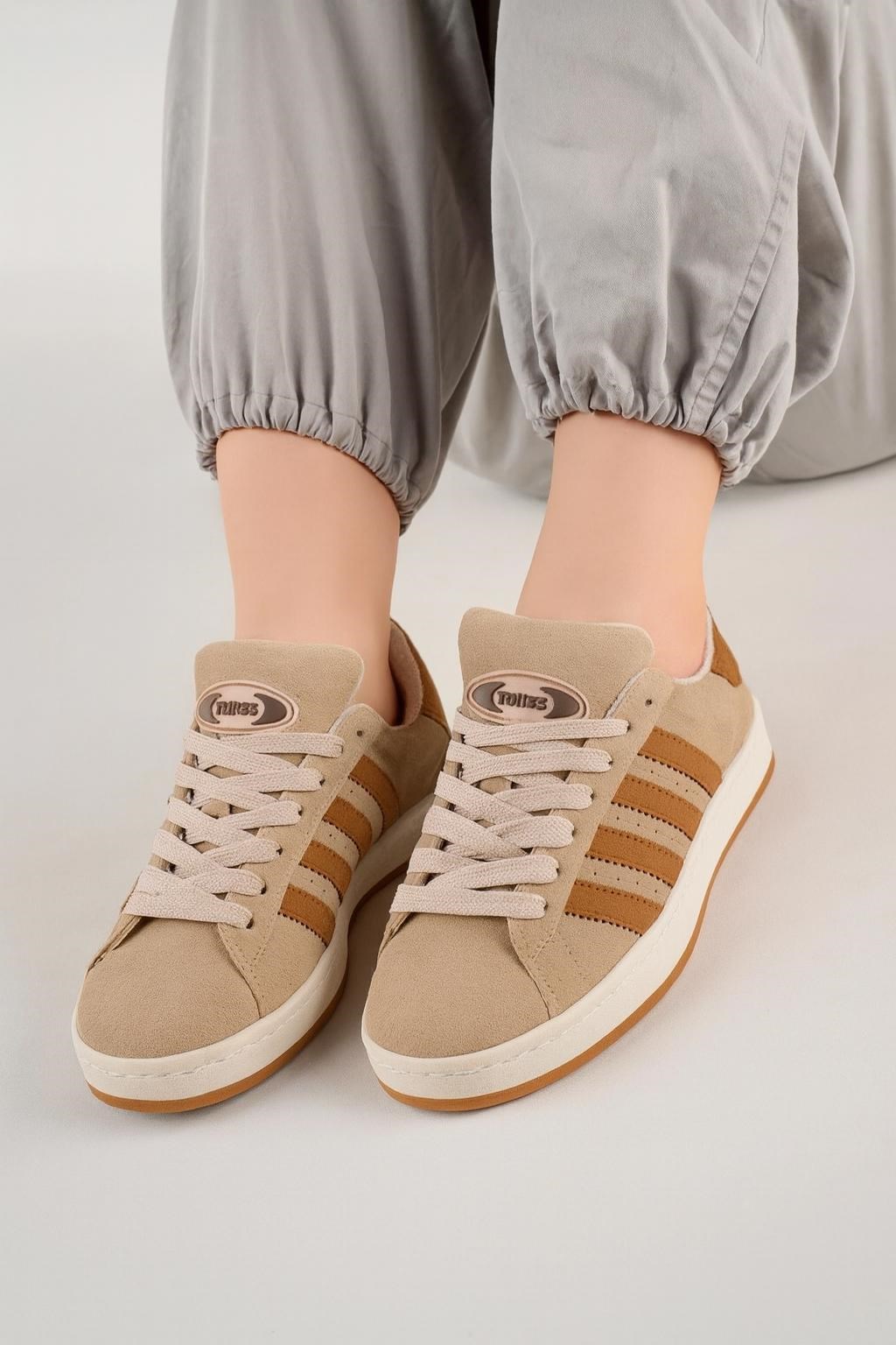 Unisex Klasik Bağcıklı Ortopedik Spor Sneaker Ayakkabı-Bej