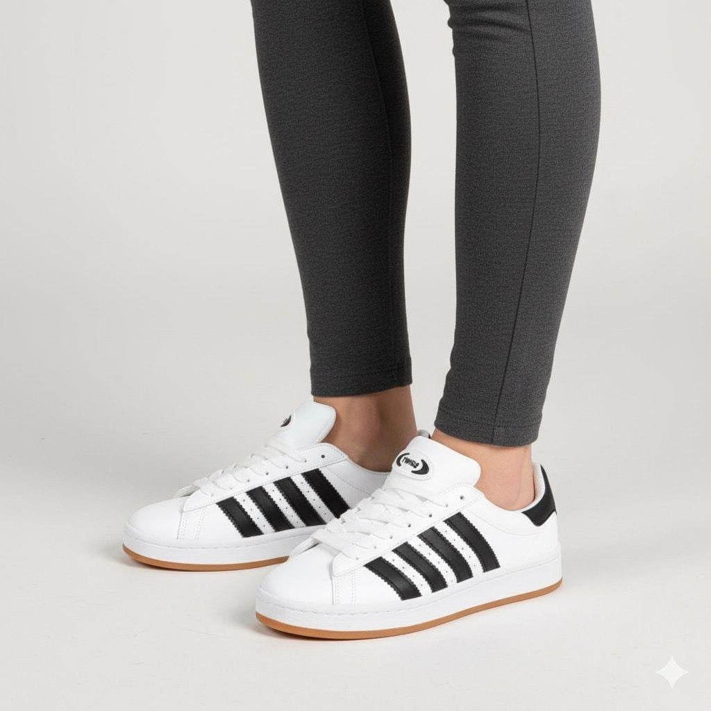 Unisex Klasik Bağcıklı Ortopedik Spor Sneaker Ayakkabı-Beyaz-Siyah