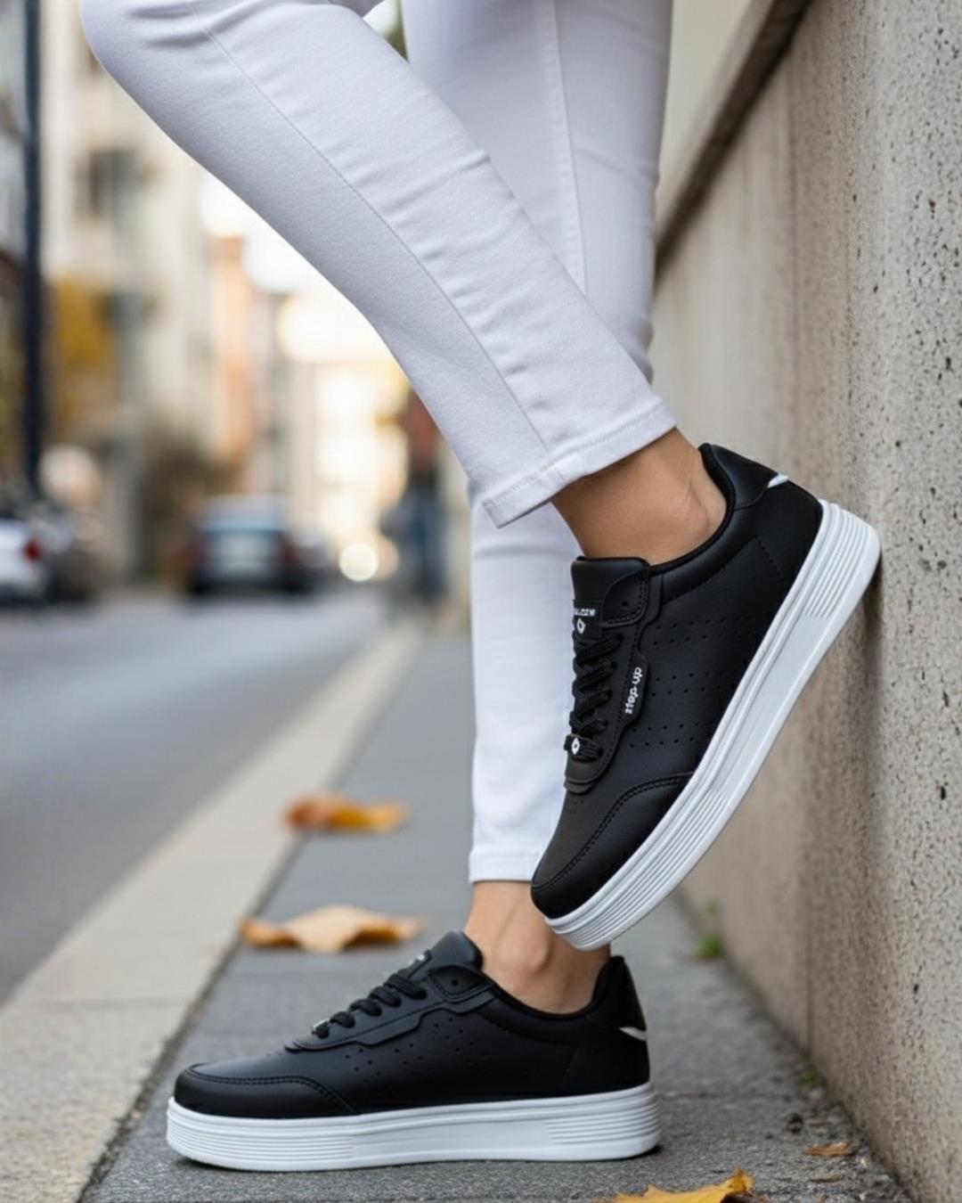 Unisex Ortopedik Faylon Sararmaz Taban Spor Ayakkabı - Siyah Beyaz