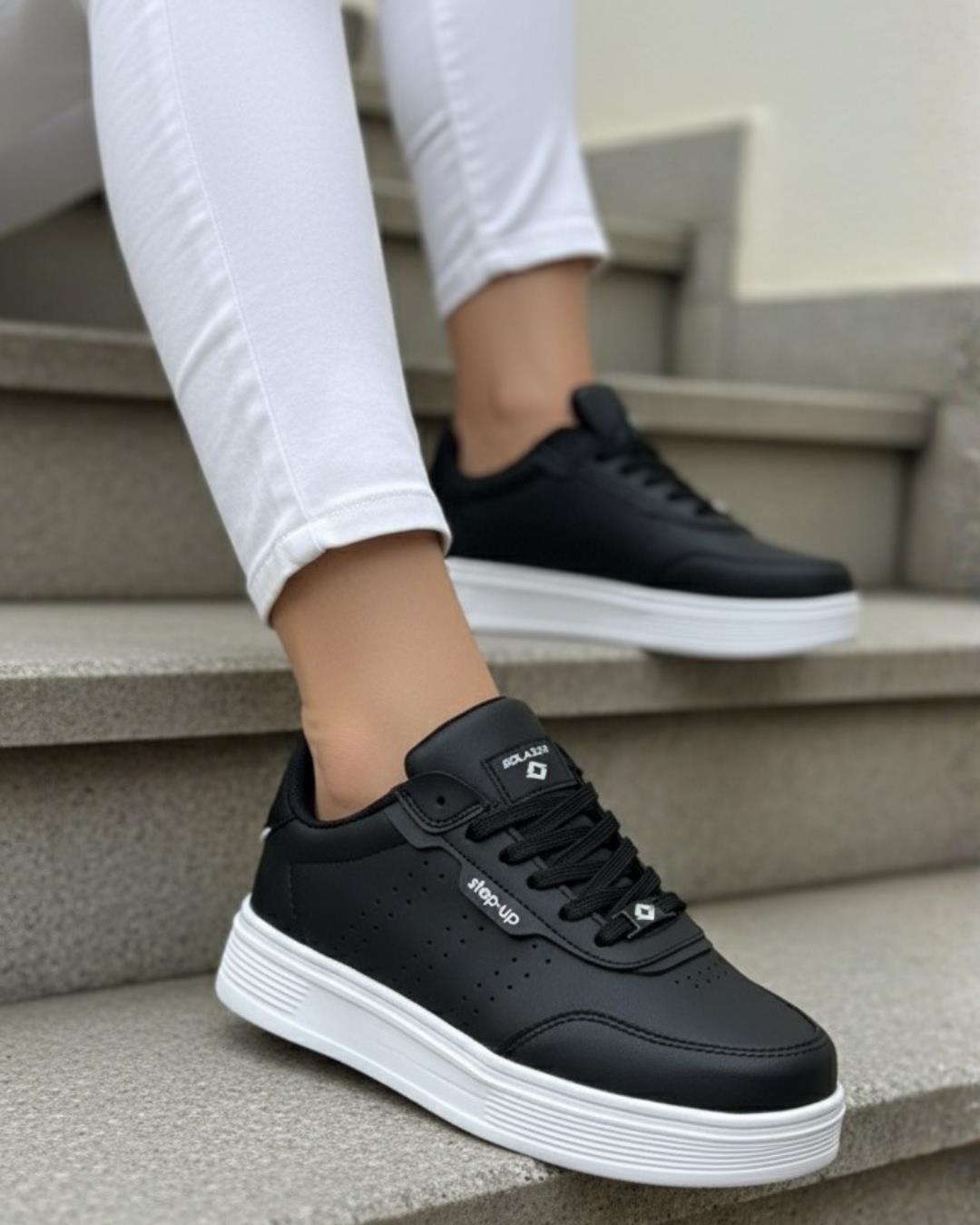 Unisex Ortopedik Faylon Sararmaz Taban Spor Ayakkabı - Siyah Beyaz