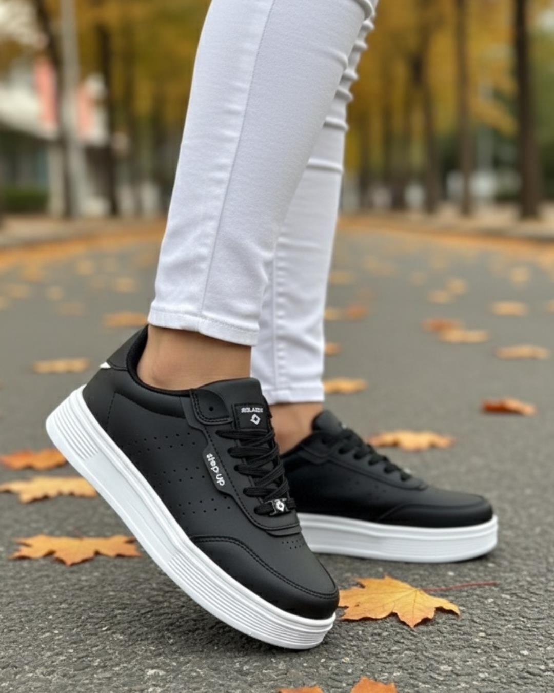 Unisex Ortopedik Faylon Sararmaz Taban Spor Ayakkabı - Siyah Beyaz