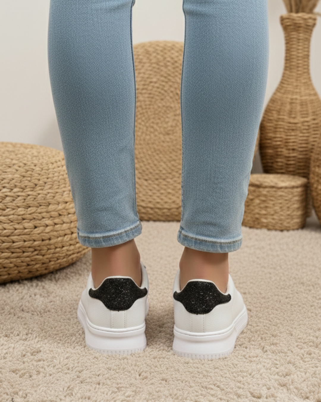 Unisex Ortopedik Rahat Spor Ayakkabı - Beyaz Siyah Taşlı