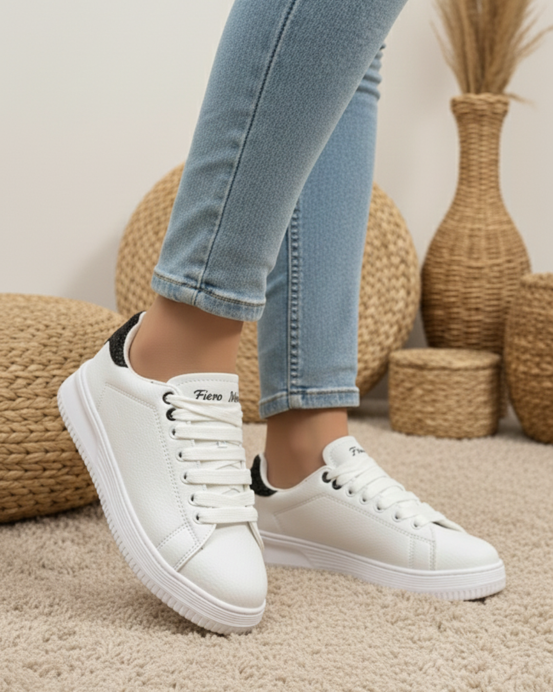 Unisex Ortopedik Rahat Spor Ayakkabı - Beyaz Siyah Taşlı