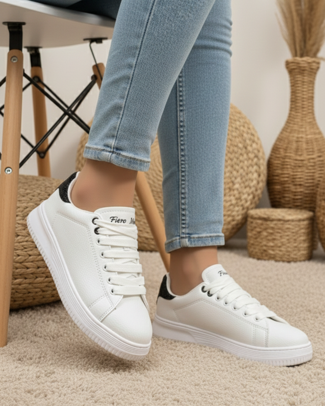 Unisex Ortopedik Rahat Spor Ayakkabı - Beyaz Siyah Taşlı