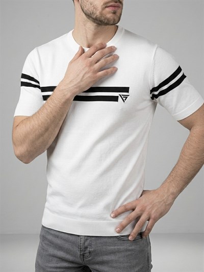  Erkek Beyaz Çizgili Bisiklet Yaka Slim Fit T-Shirt