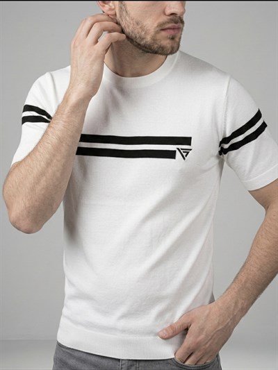  Erkek Beyaz Çizgili Bisiklet Yaka Slim Fit T-Shirt