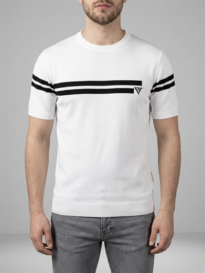  Erkek Beyaz Çizgili Bisiklet Yaka Slim Fit T-Shirt