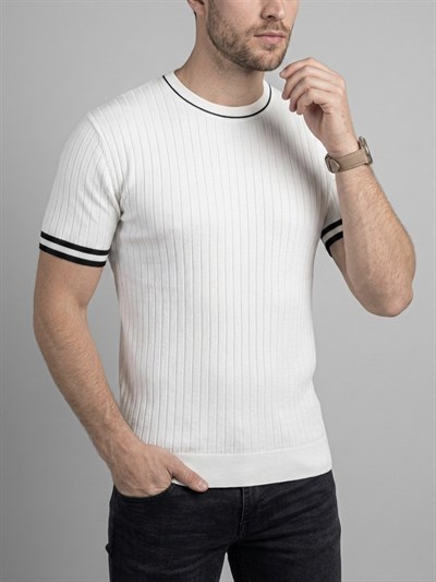  Erkek Ekru Fitilli Slim Fit Bisiklet Yaka Triko T-Shirt - Beyaz