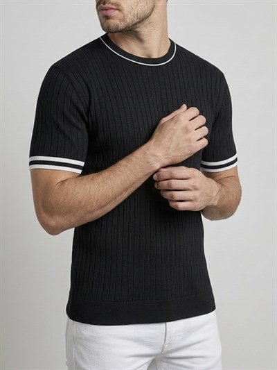  Erkek Ekru Fitilli Slim Fit Bisiklet Yaka Triko T-Shirt - Siyah
