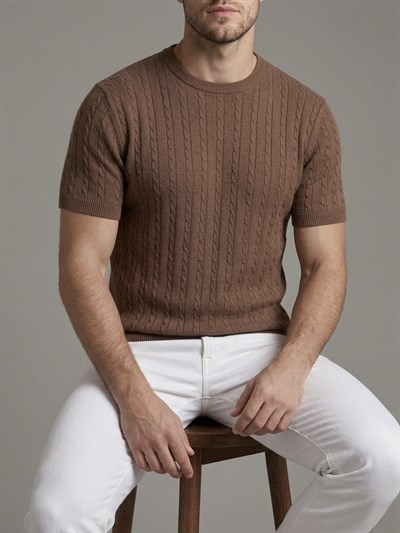  Erkek Kahverengi Fitilli Triko Slim Fit T-Shirt