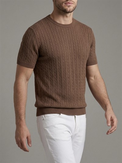  Erkek Kahverengi Fitilli Triko Slim Fit T-Shirt