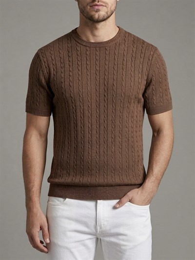  Erkek Kahverengi Fitilli Triko Slim Fit T-Shirt