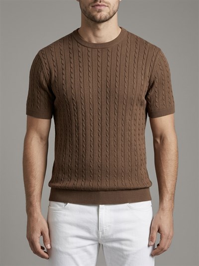  Erkek Kahverengi Fitilli Triko Slim Fit T-Shirt