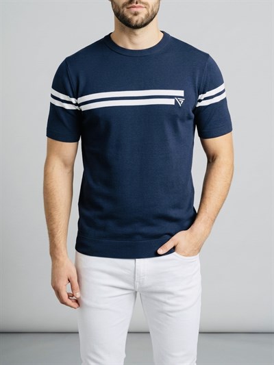  Erkek Lacivert Çizgili Bisiklet Yaka Slim Fit T-Shirt