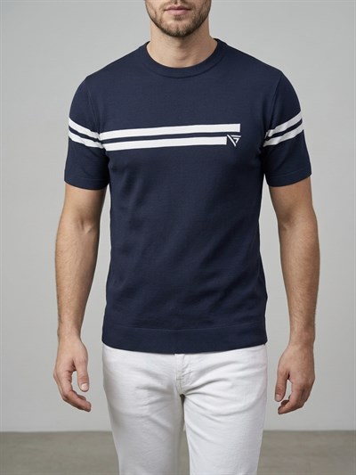  Erkek Lacivert Çizgili Bisiklet Yaka Slim Fit T-Shirt