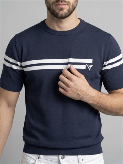  Erkek Lacivert Çizgili Bisiklet Yaka Slim Fit T-Shirt