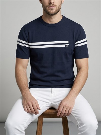  Erkek Lacivert Çizgili Bisiklet Yaka Slim Fit T-Shirt