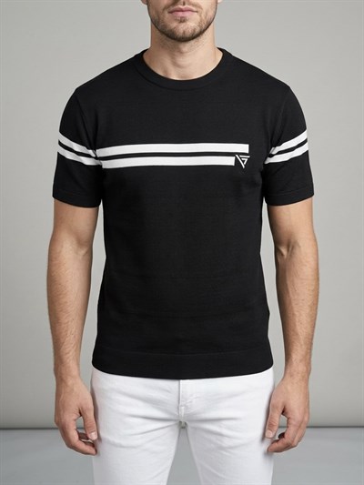  Erkek Siyah Çizgili Bisiklet Yaka Slim Fit T-Shirt