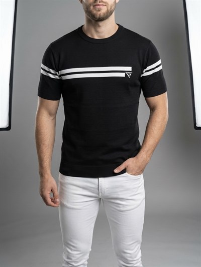  Erkek Siyah Çizgili Bisiklet Yaka Slim Fit T-Shirt