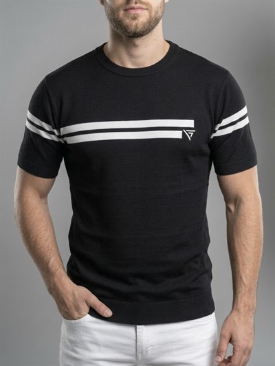  Erkek Siyah Çizgili Bisiklet Yaka Slim Fit T-Shirt