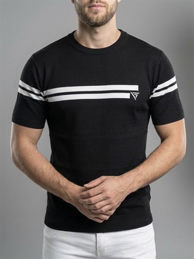  Erkek Siyah Çizgili Bisiklet Yaka Slim Fit T-Shirt